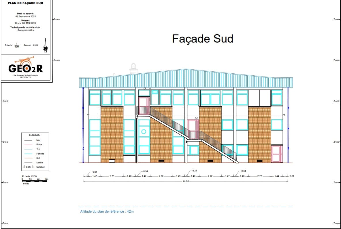 Plan de façade issu d'un relevé de bâtiment par drone