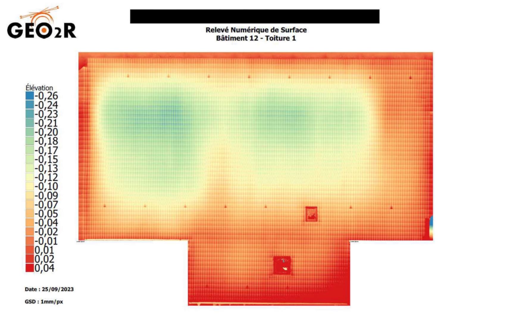 modèle numérique de surface d'une toiture montrant les zones d'affaissement mesurées par photogrammétrie drone