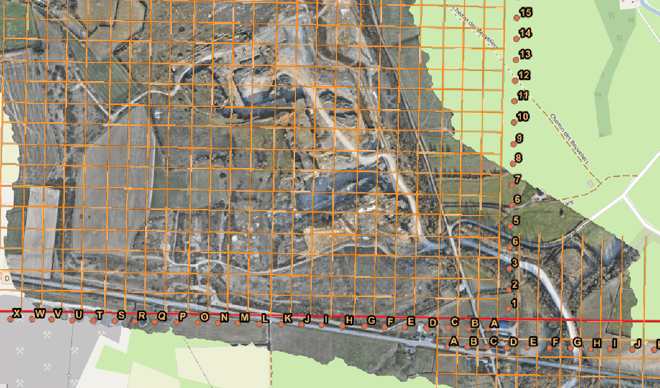 Grille de relevé topographique avec points de référence sur le terrain