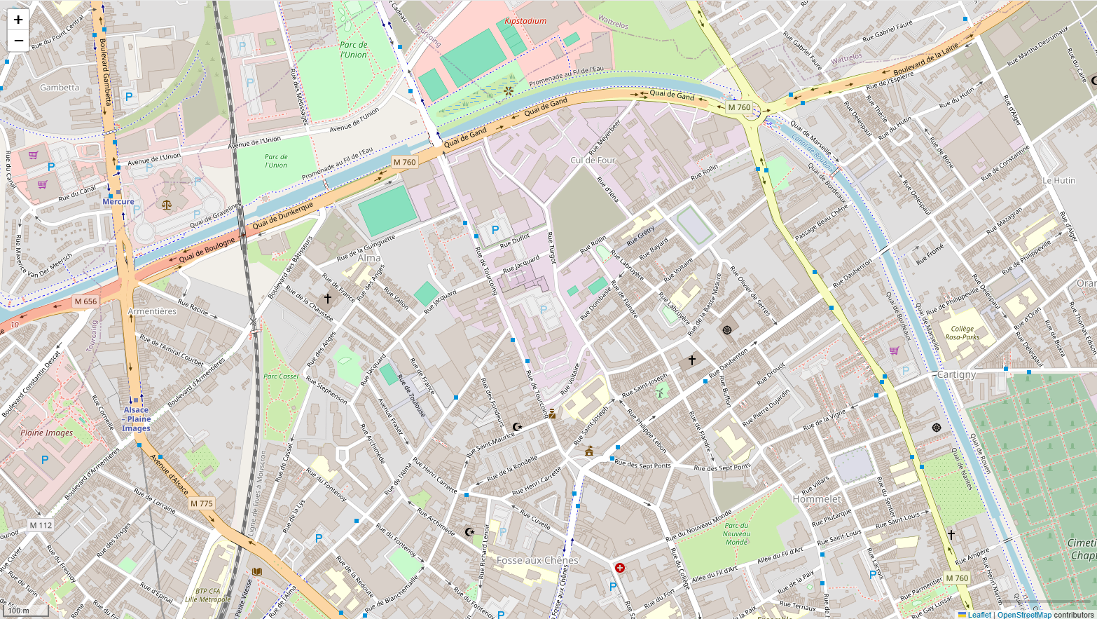 Carte détaillée du centre-ville de Roubaix et de ses alentours, incluant les quartiers Alma, fosse-aux-Chênes, Cartigny et le parc de l'Union.