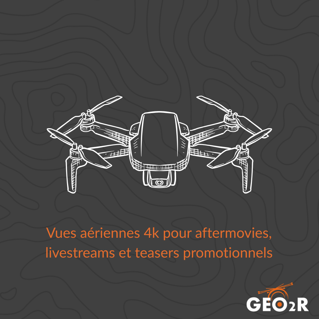 Illustration d'un drone quadrirotor en ligne blanche sur fond noir texturé, accompagnée du texte "Vues aériennes 4k pour aftermovies, livestreams et teasers promotionnels