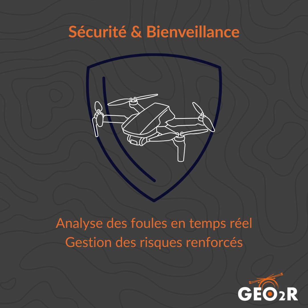 Illustration d'un drone dans un blason de protection sur fond noir texturé, avec le texte "Sécurité & Bienveillance - Analyse des foules en temps réel, gestion des risques renforcés"
