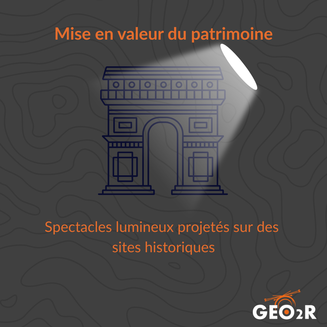 Illustration stylisée de l'Arc de Triomphe sous un projecteur lumineux, avec la mention "Mise en valeur du patrimoine - Spectacles lumineux projetés sur des sites historiques", sur fond noir texturé.