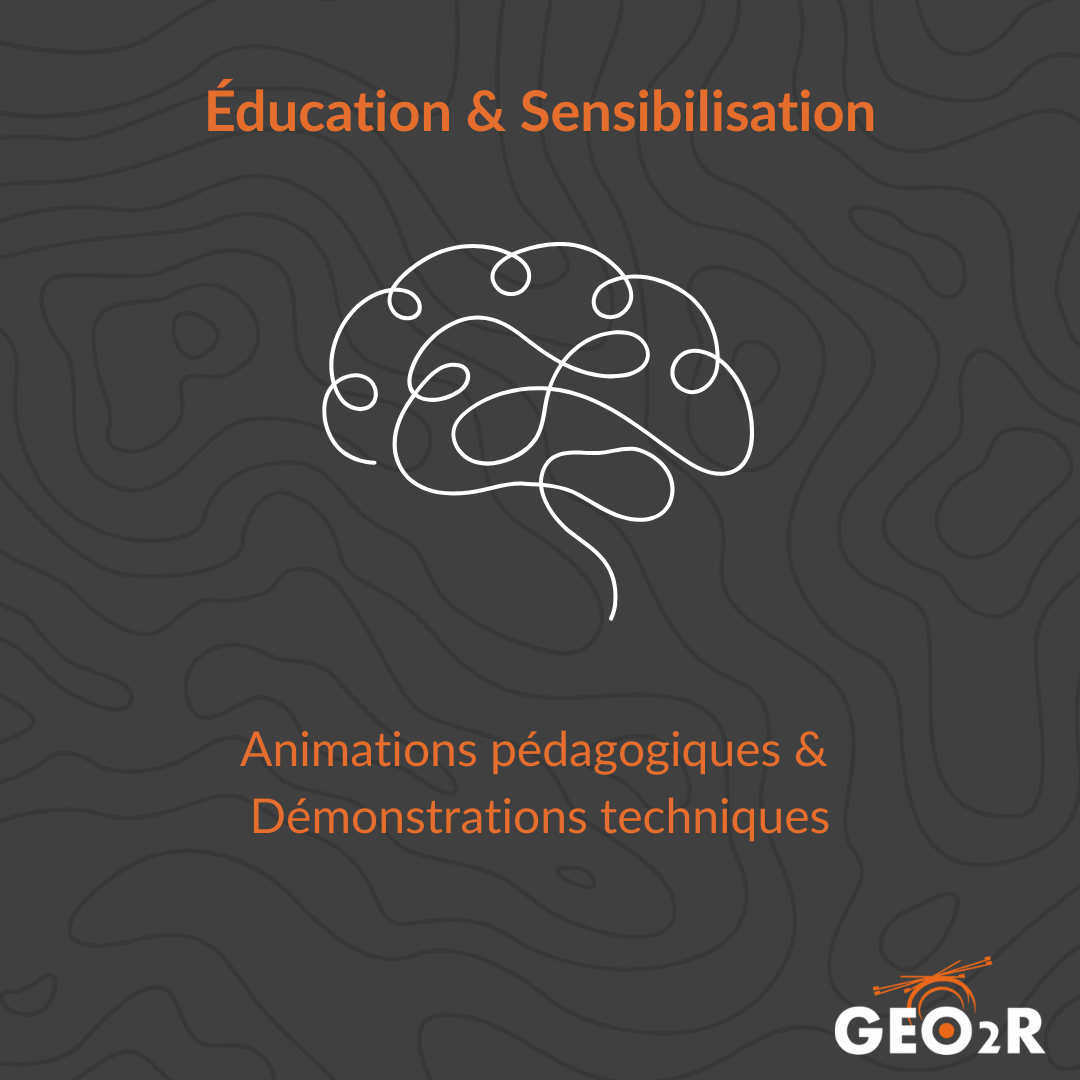 Illustration stylisée d'un cerveau tracé en ligne continue sur fond sombre, accompagnée du texte "Éducation & Sensibilisation - Animations pédagogiques & démonstrations techniques".