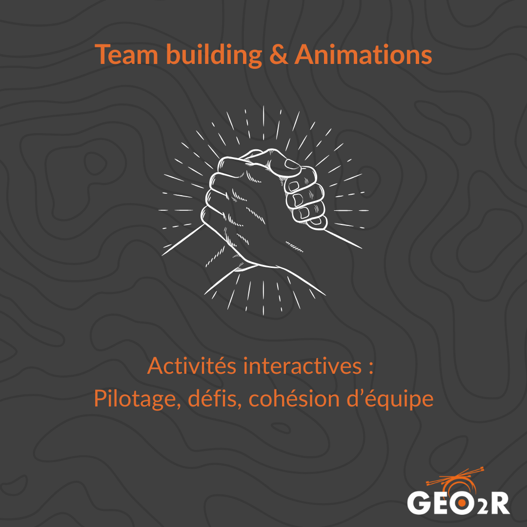 Illustration de deux mains serrées dans un geste de solidarité, avec un effet de rayonnement, sur fond noir texturé. Texte : "Team building & Animations - Activités interactives : Pilotage, défis, cohésion d'équipe"