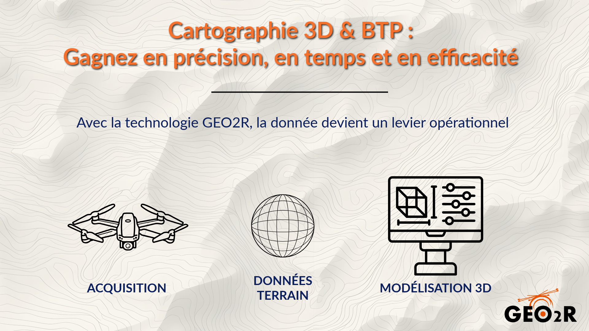 Cartographie 3D : gagnez en efficacité sur vos chantiers avec GEO2R Visuel présentant l'offre de GEO2R en cartographie 3D pour le BTP, avec les étapes : acquisition par drone, collecte de données terrain et modélisation 3D.